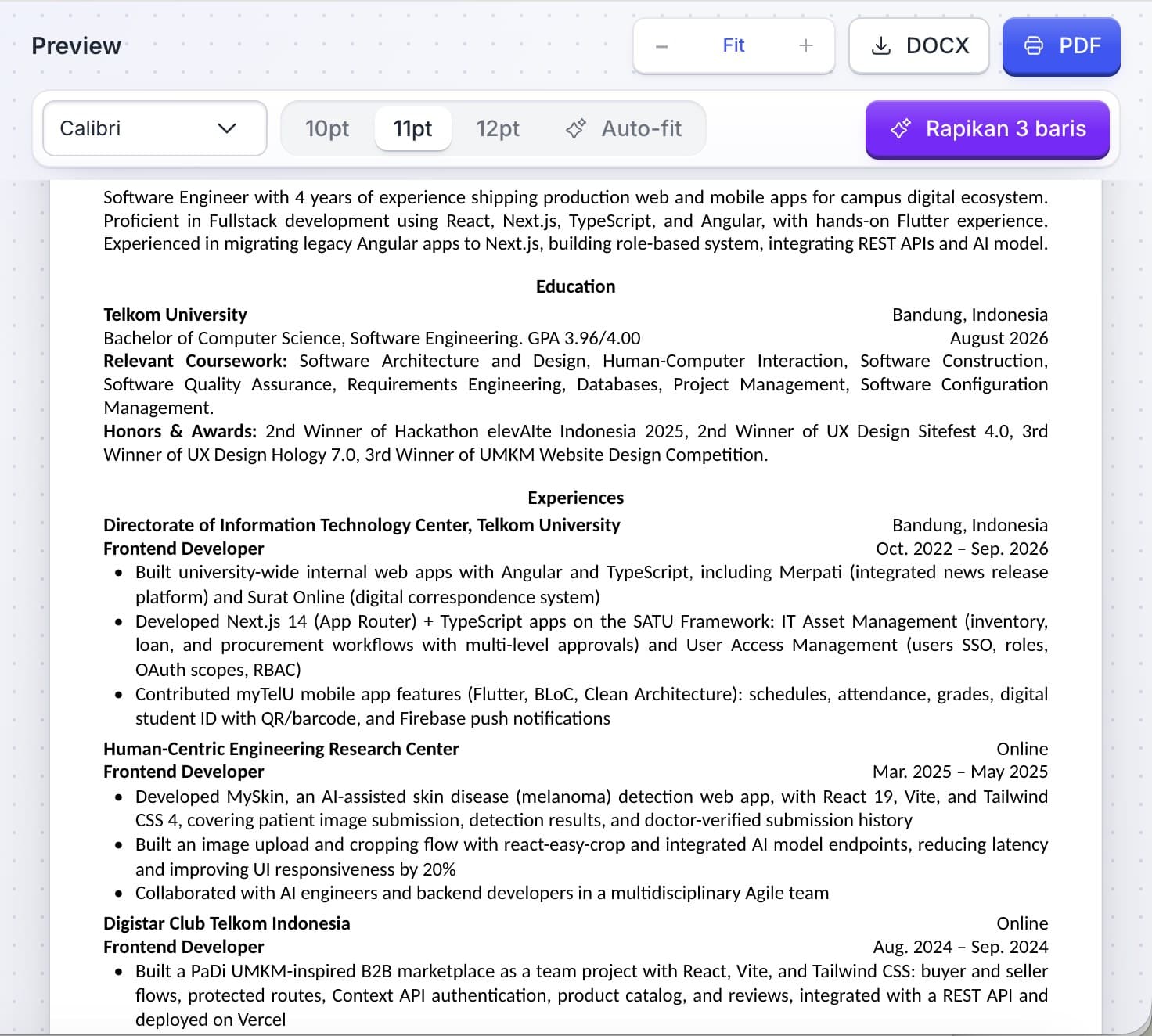 Pratinjau CV langsung di CVai