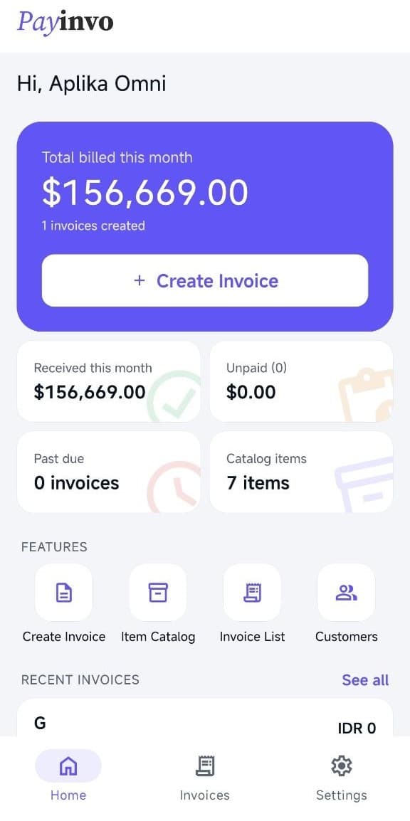 Layar beranda Payinvo dengan ringkasan bulan ini