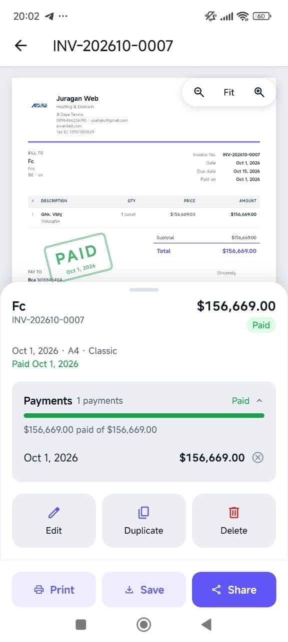 Layar invoice Payinvo